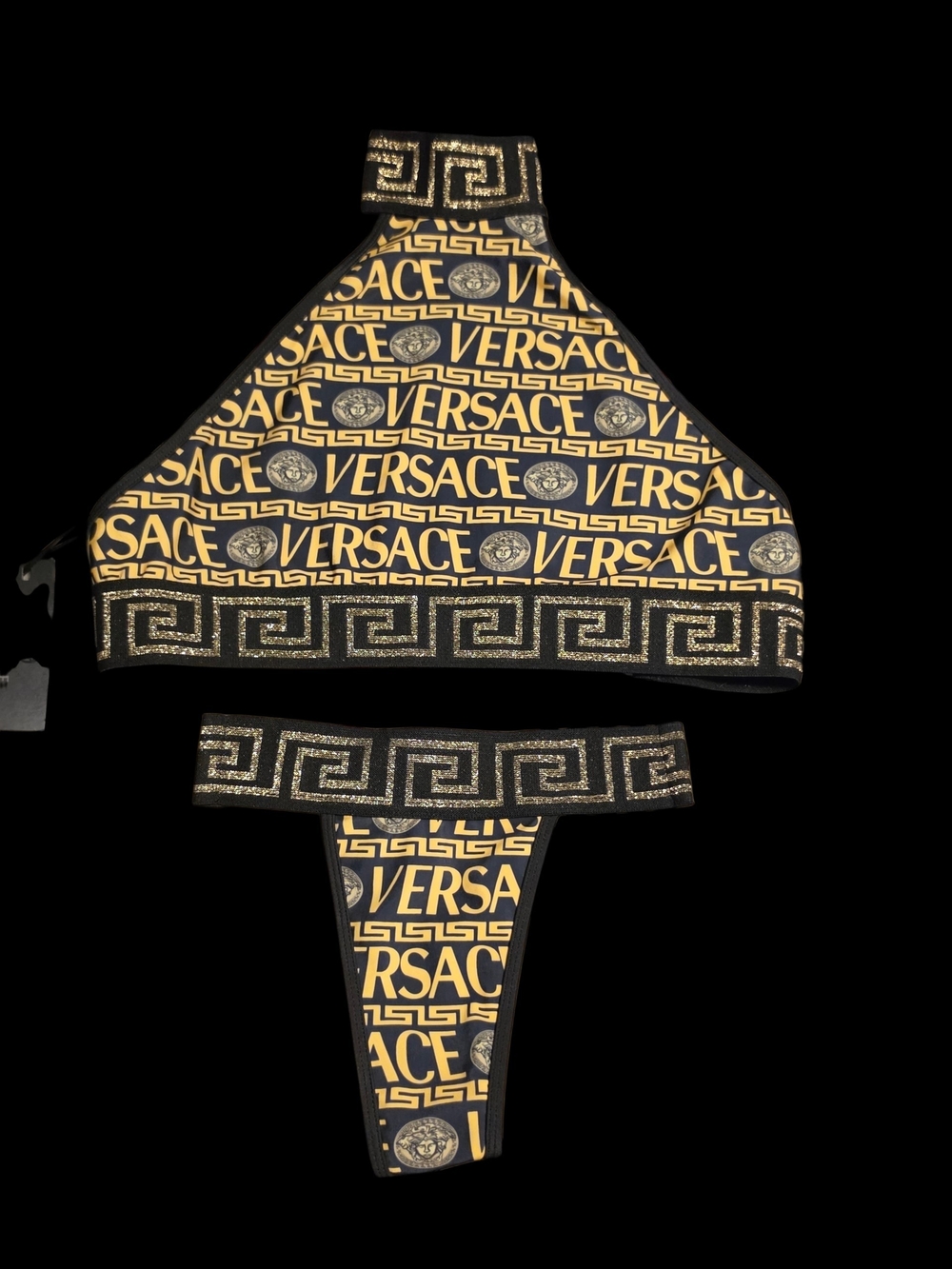 NWT Versace Black & Gold Greca Logo Bikini Thong Set Size XL - Picture 2 of 16